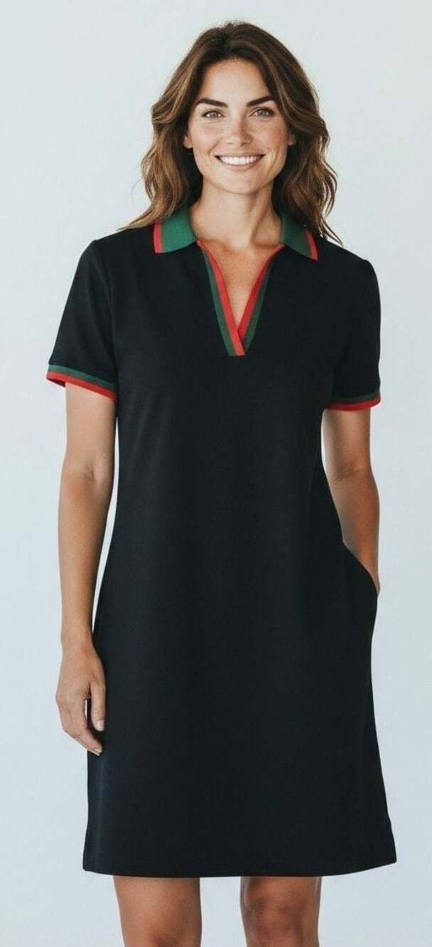 Tuckernuck Black Short Sleeve Polo Dress with Green and Red Trim
